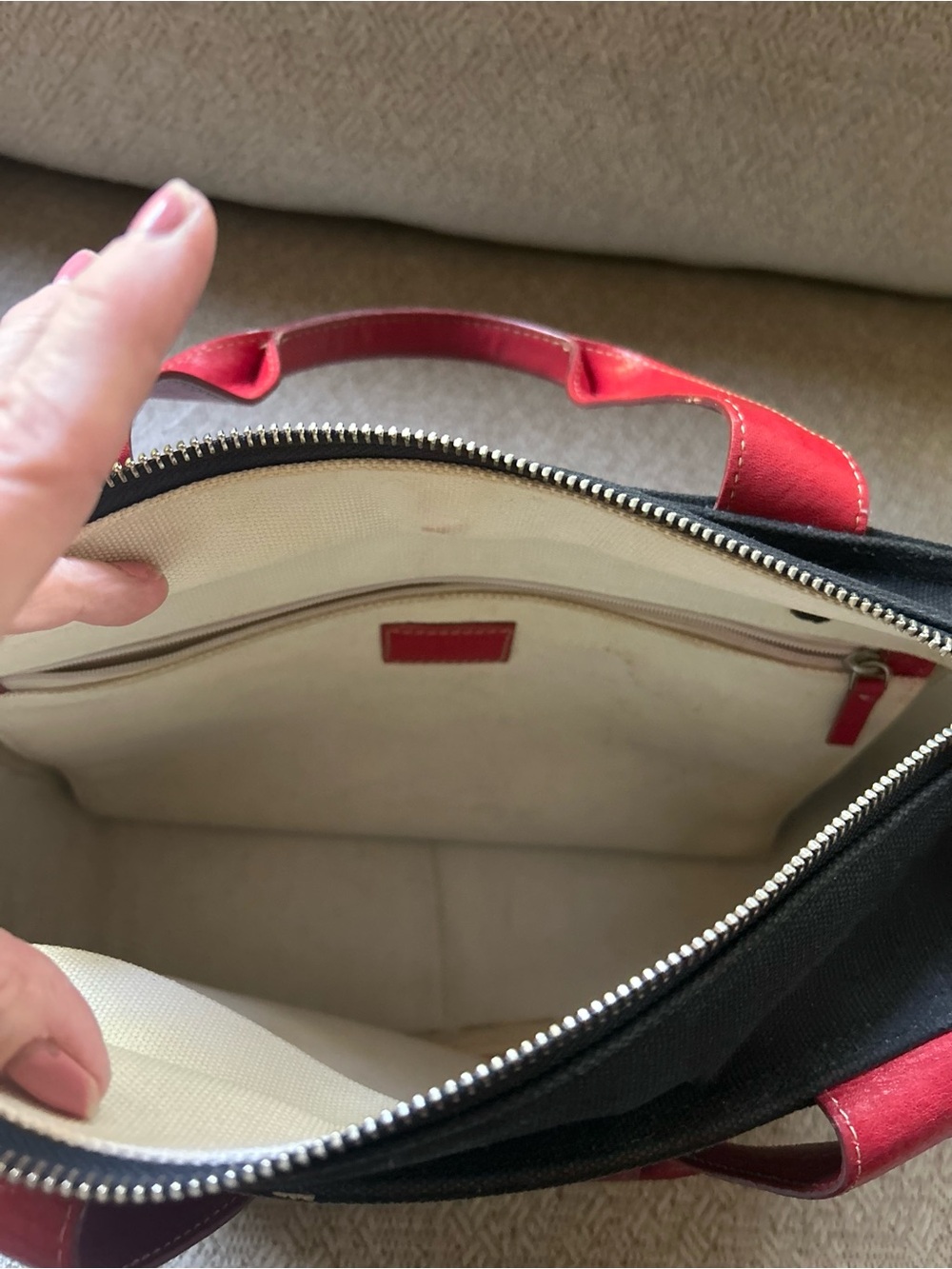 kate spade M Kalman Vtg Rare Black Canvas Bag Red Leather Handles Artsy Pop Art - Picture 13 of 16